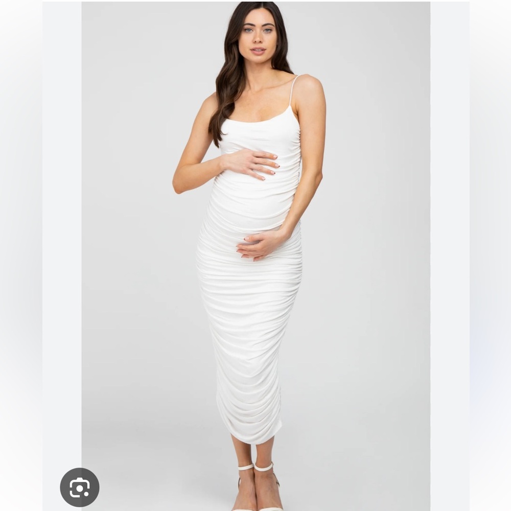 PinkBlush White Ruched Maternity Maxi Dress